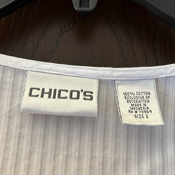 Chico’s white, 3/4 sleeved blouse. Long. V neck with cotton bead pattern. Chico2 - Picture 2 of 9